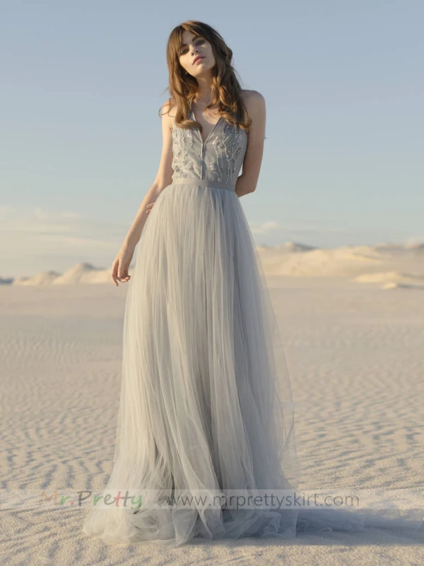 Grey Tulle Long Train Wedding Skirt 2 Pieces Bridal Dress