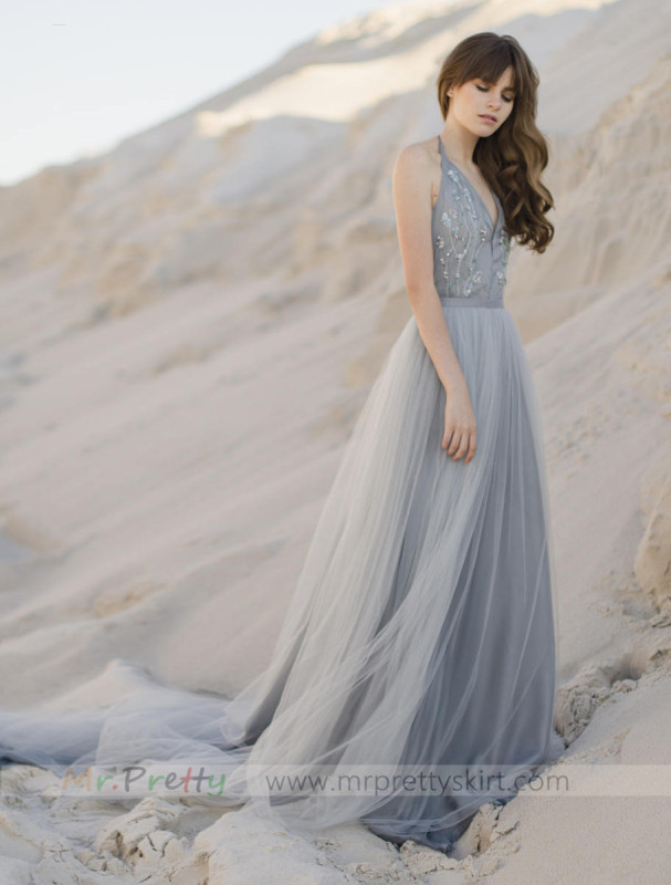 Grey Tulle Long Train Wedding Skirt 2 Pieces Bridal Dress
