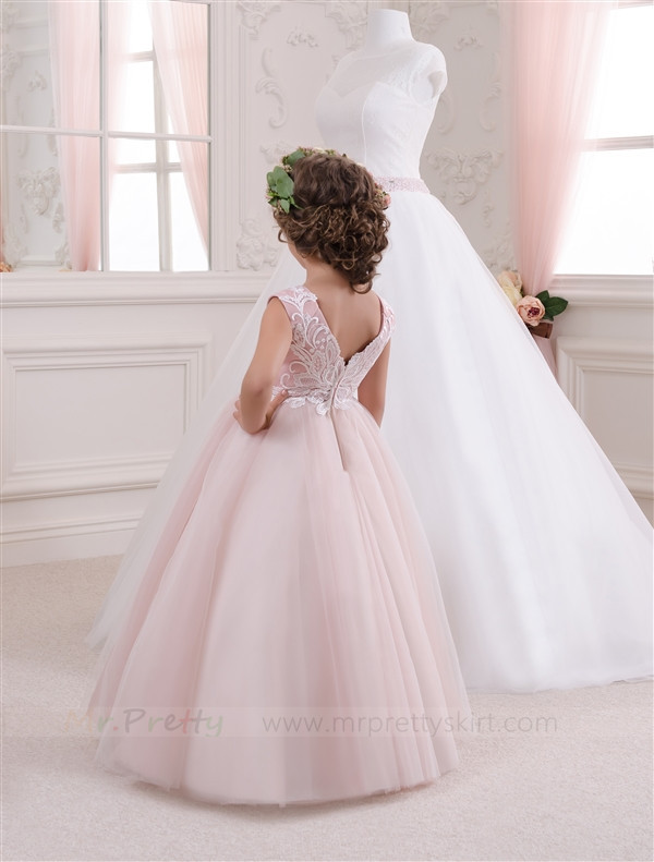 Ivory Lace Blush PInk Tulle Flower Girl Dress Pageant Dress