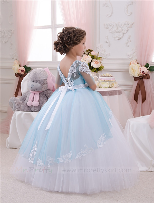 Ivory Lace BlueTulle Tutu Flower Girl Dress Pageant Dress