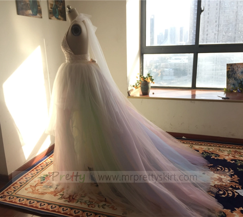 Rainbow Color Long Train Wedding Skirt Bridal Skirt