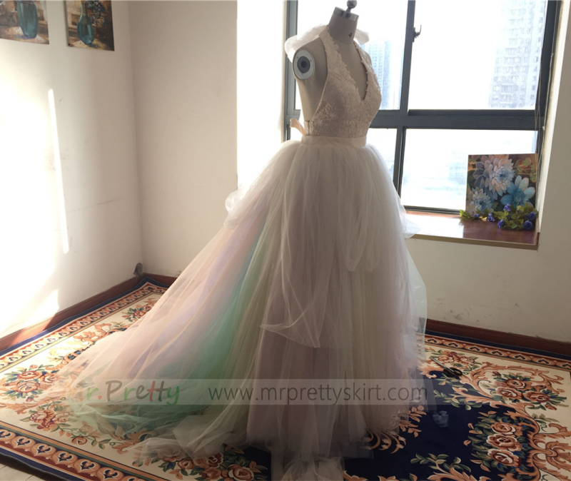 Rainbow Color Long Train Wedding Skirt Bridal Skirt