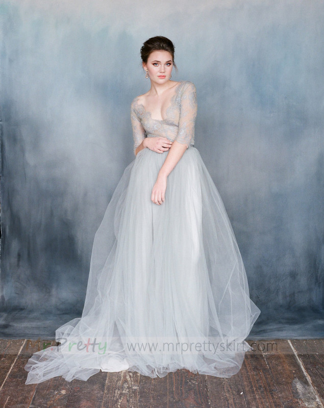 Grey Short Train Wedding Skirt Bridal Skirt
