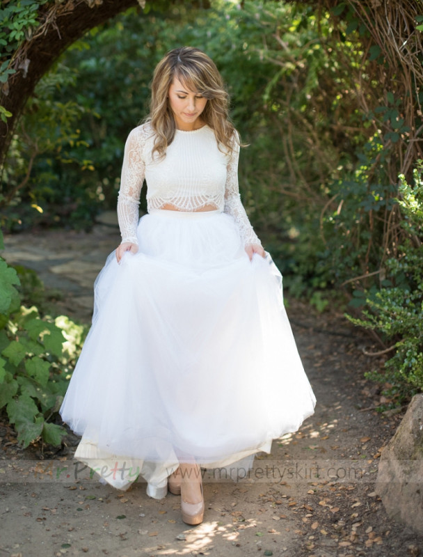 White Tulle Full Wedding Skirt Bridal Skirt 2 Pieces Top