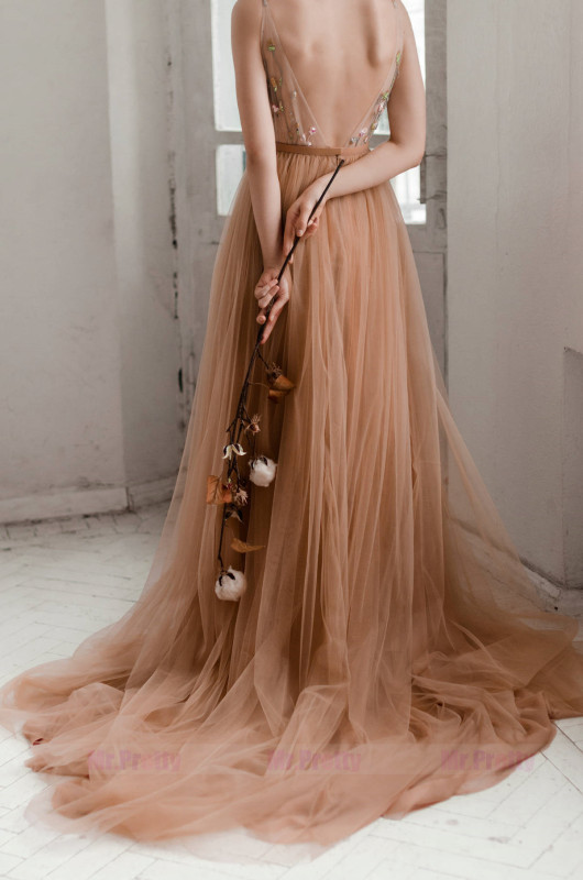 Dusty Coral Soft Tulle  Long Train Wedding Skirt Bridal Skirt Suit