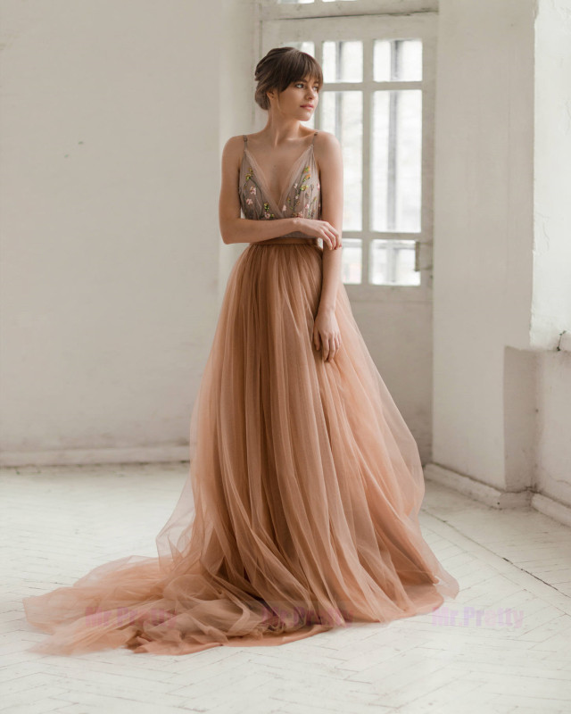 Dusty Coral Soft Tulle  Long Train Wedding Skirt Bridal Skirt Suit