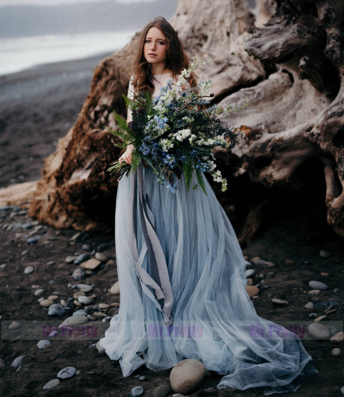 Grey Blue Chiffon Tulle Long Train Bridal Skirt 2 Pieces Bridal Gown