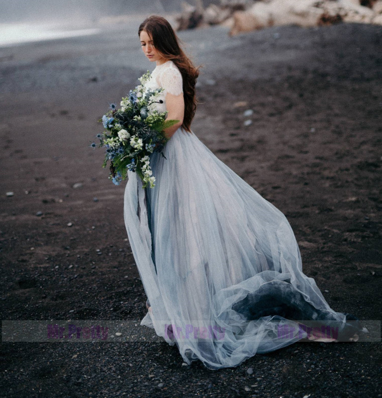 Grey Blue Chiffon Tulle Long Train Bridal Skirt 2 Pieces Bridal Gown