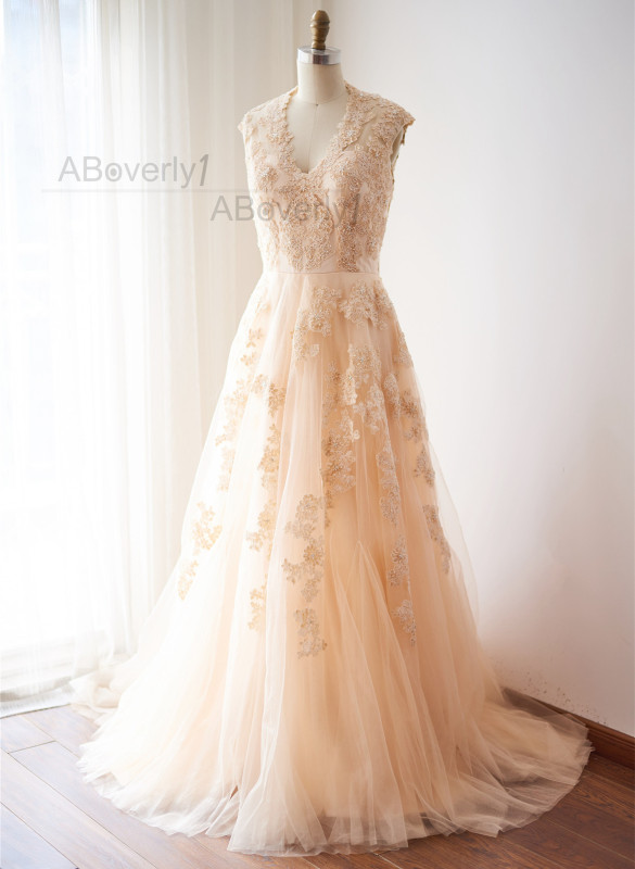Champagne Lace Tulle Bridal Dress Wedding Gown
