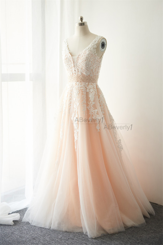 Ivory Lace Tulle Long Train Bridal Dress Wedding Gown