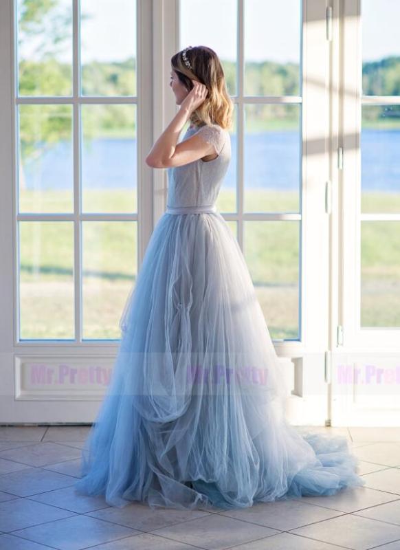 Grey Blue Lace Tulle  Bridal Dress 2 Pieces Bridal Skirt