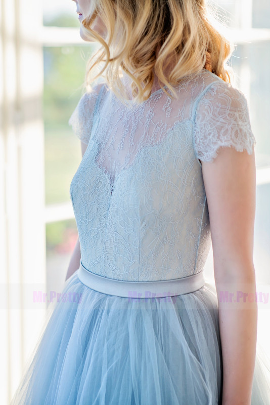 Grey Blue Lace Tulle  Bridal Dress 2 Pieces Bridal Skirt