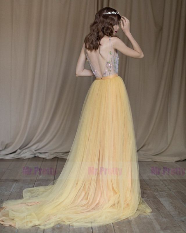 yellow Soft Tulle  Long Train Wedding Skirt Bridal Skirt Suit