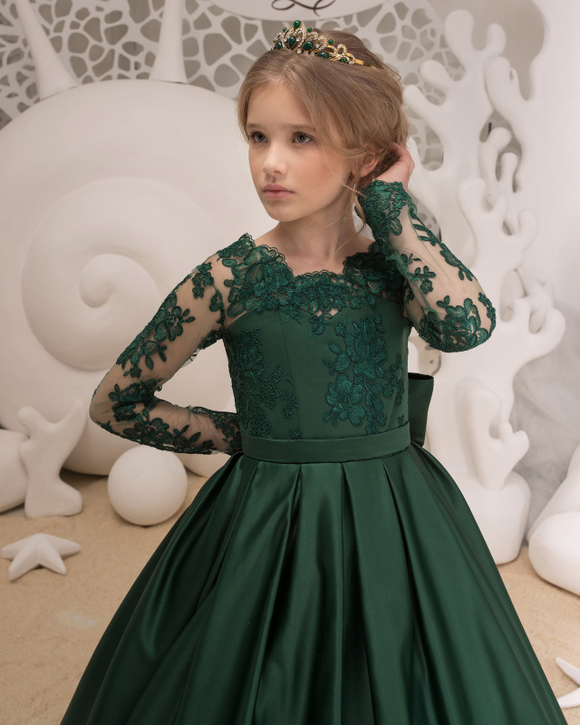 Dark Green Lace Satin Flower Girl Dress Girls Party Dress