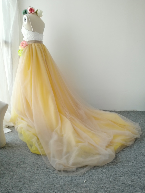 Light Champagne Yellow  Long Train Skirt Tulle Skirt 2 pieces Corset