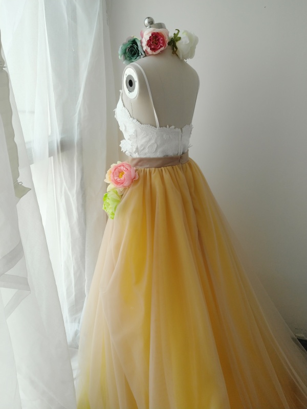 Light Champagne Yellow  Long Train Skirt Tulle Skirt 2 pieces Corset