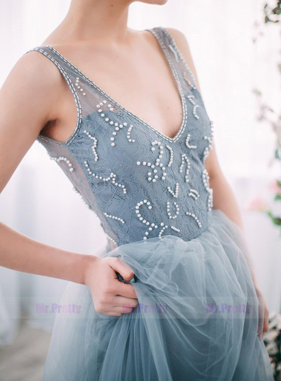 Grey Blue Tulle Beaded Prom Dress