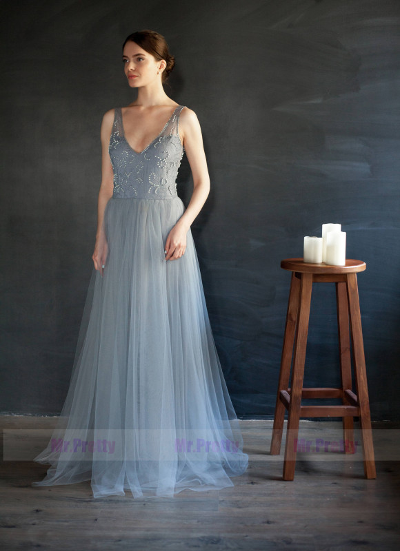 Grey Blue Tulle Beaded Prom Dress