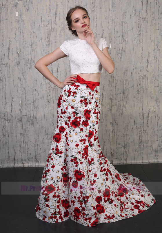 Printed Cotton Full Length Prom Dress 2 Pieces Special Occasion Dress