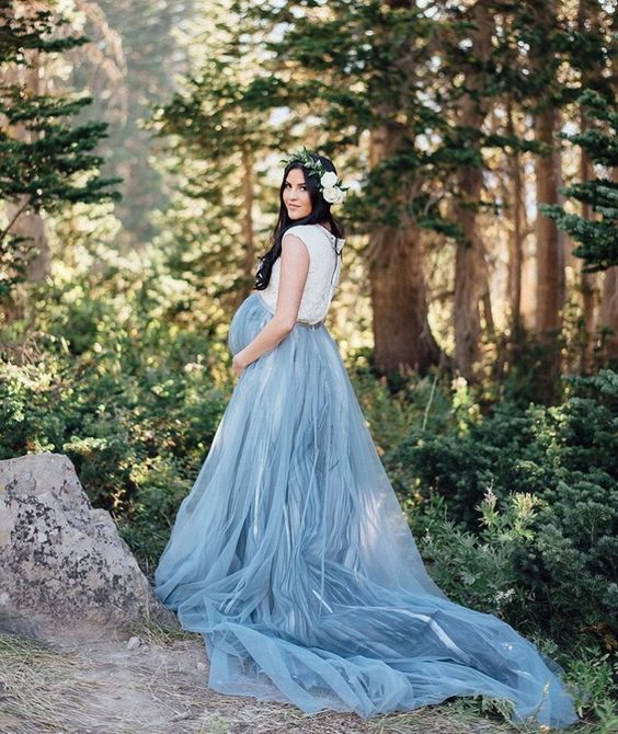 Grey Blue Color Long Train Maternity Dress