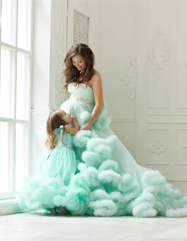 Mint Color Long Train Mother and Kids Parenting Dress
