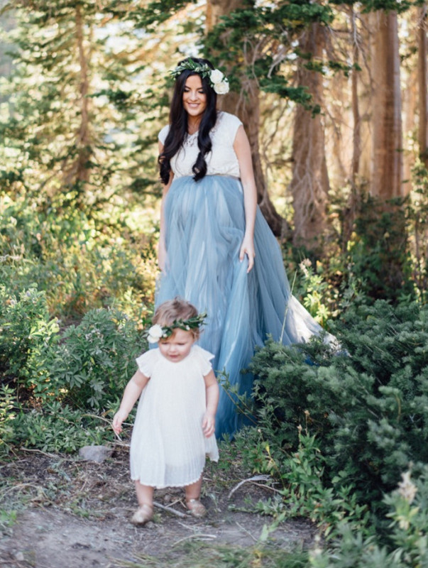 Grey Blue Color Long Train Maternity Dress