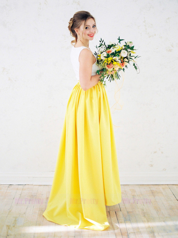 Yellow  Short Train Satin Bridal Skirt 2 Pieces Suit