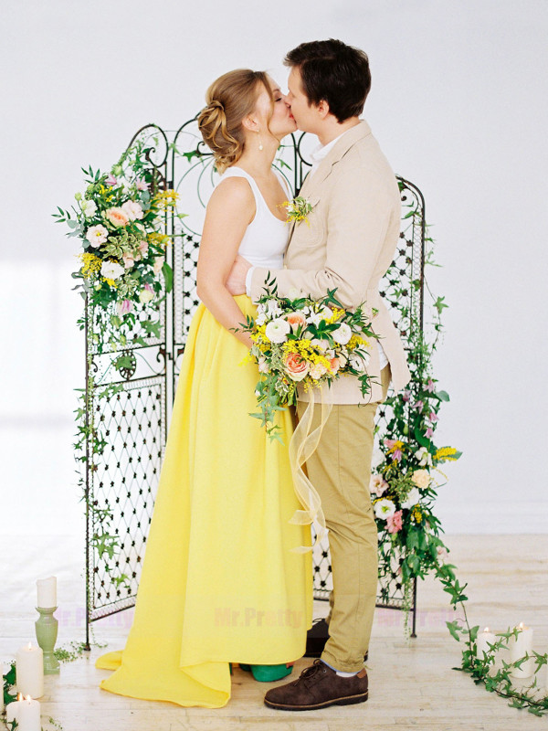 Yellow  Short Train Satin Bridal Skirt 2 Pieces Suit