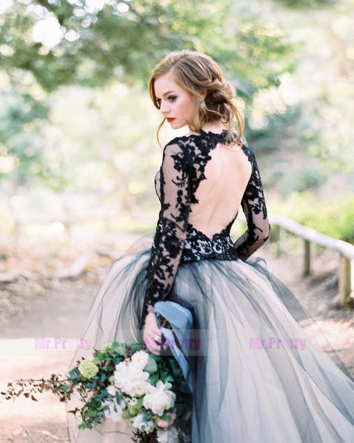 Navy Blue Lace Champagne Tulle Wedding Gown