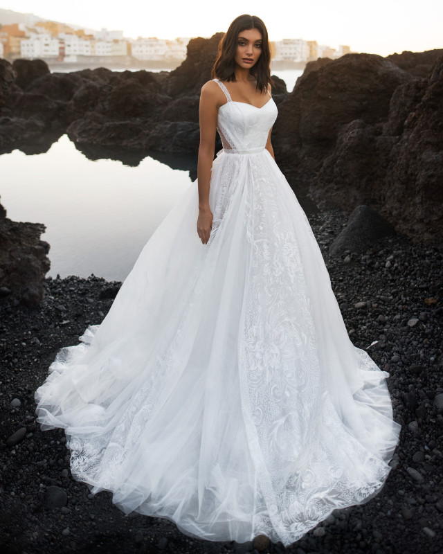 Ivory Lace Long Train Bridal Gown