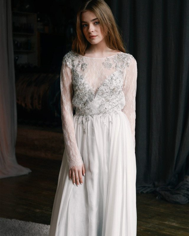 Ivory Lace Chiffon Bridal Gown Wedding Dress