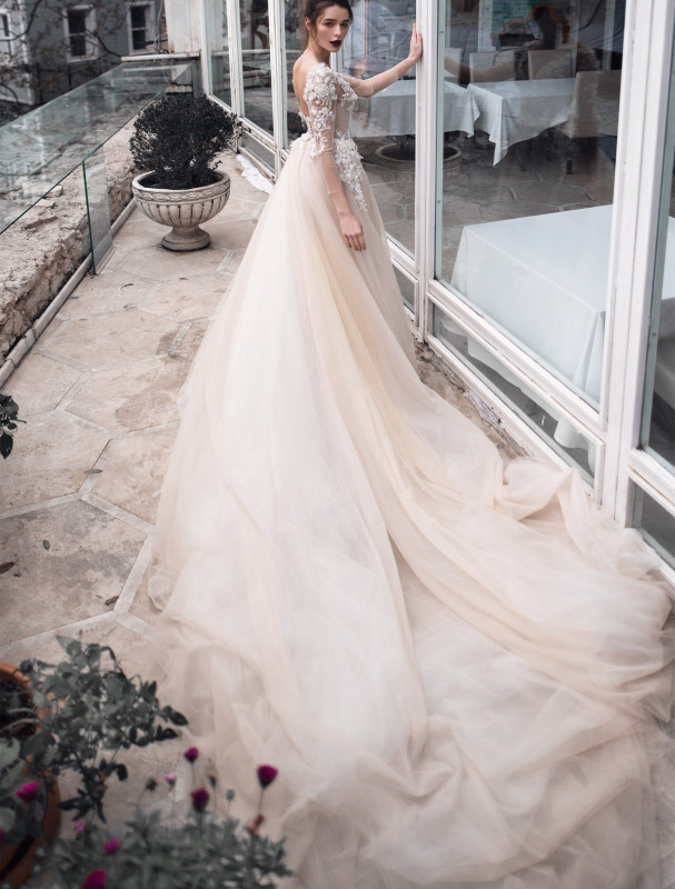 Ivory Lace Long Train Champagne Bridal Gown