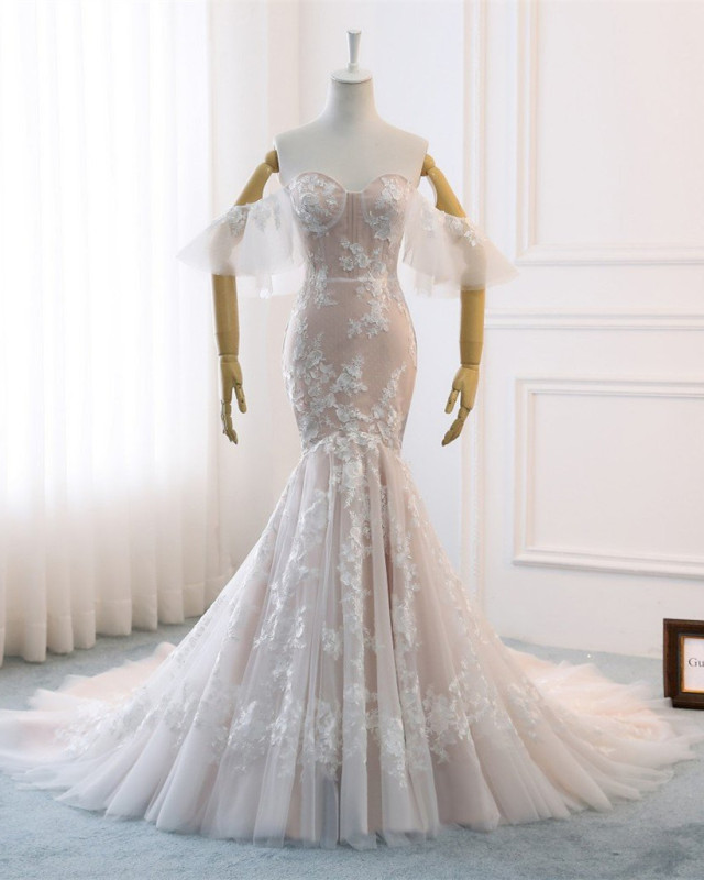 Mermaid Champagne Lace Tulle Long Train  Bridal Gown