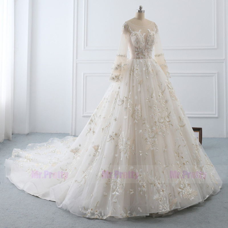 Ivory Lace Long Sleeve Long Train  Wedding Gown