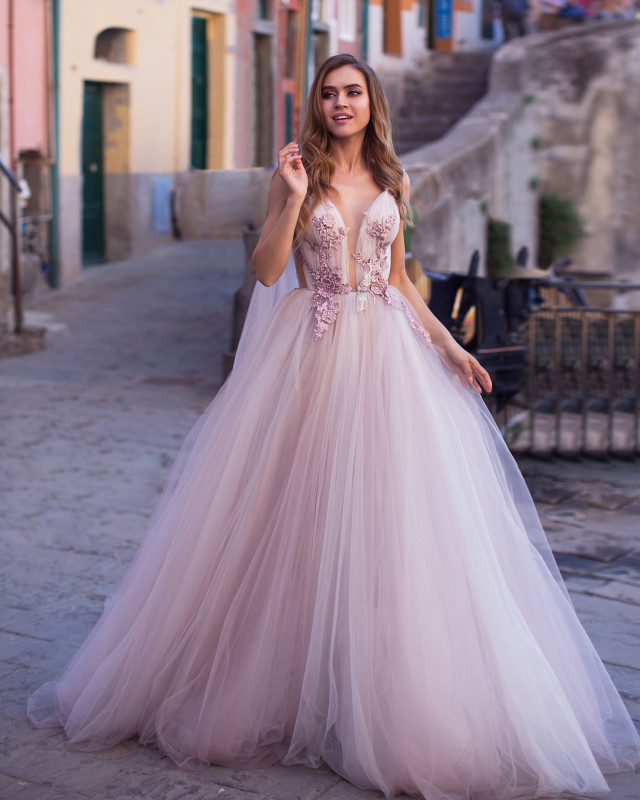 Mauve Ivory Tulle Long Train Bridal Gown