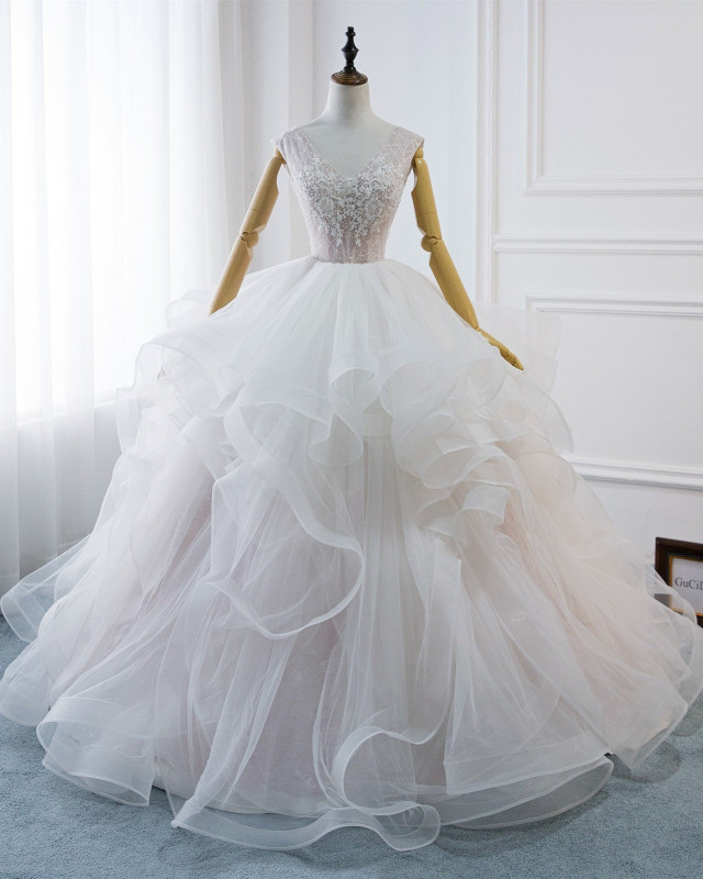 Ivory Lace Tulle Long Train  Wedding Gown
