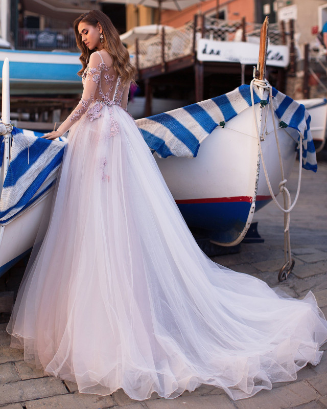 Mauve Ivory Tulle Long Train Long Sleeve Bridal Gown