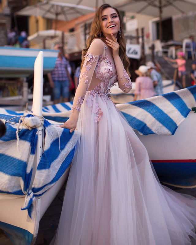 Mauve Ivory Tulle Long Train Long Sleeve Bridal Gown