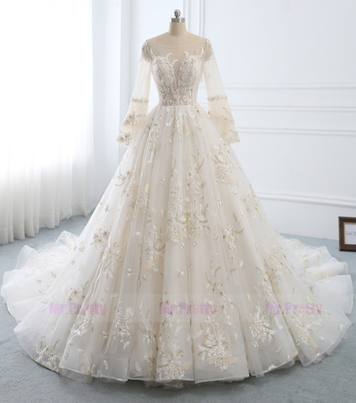 Ivory Lace Long Sleeve Long Train  Wedding Gown