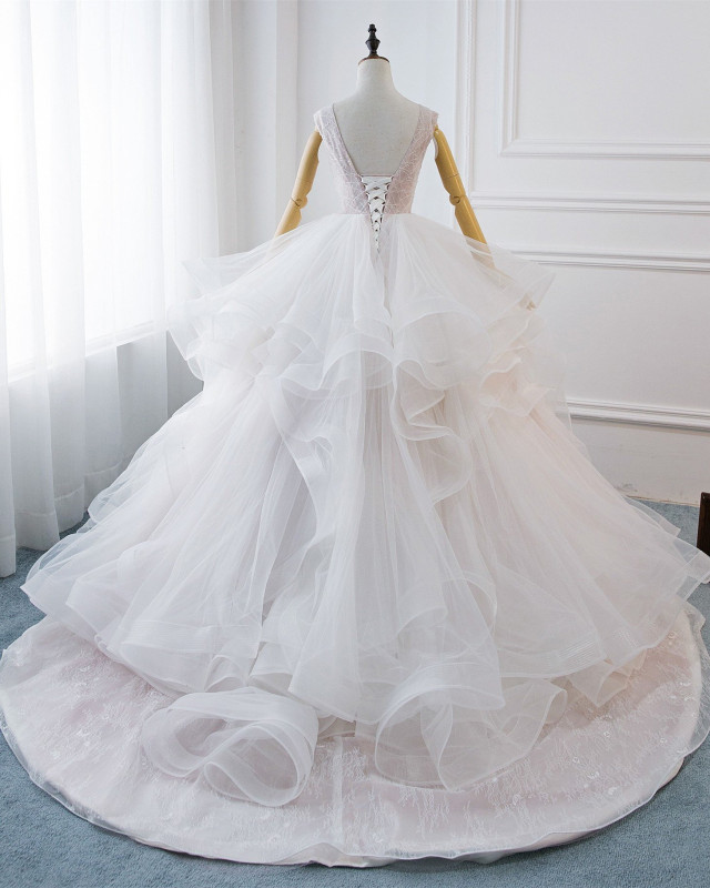Ivory Lace Tulle Long Train  Wedding Gown