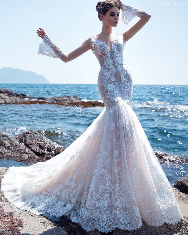 Light Champagne Mermaid Long Train Bridal Dress