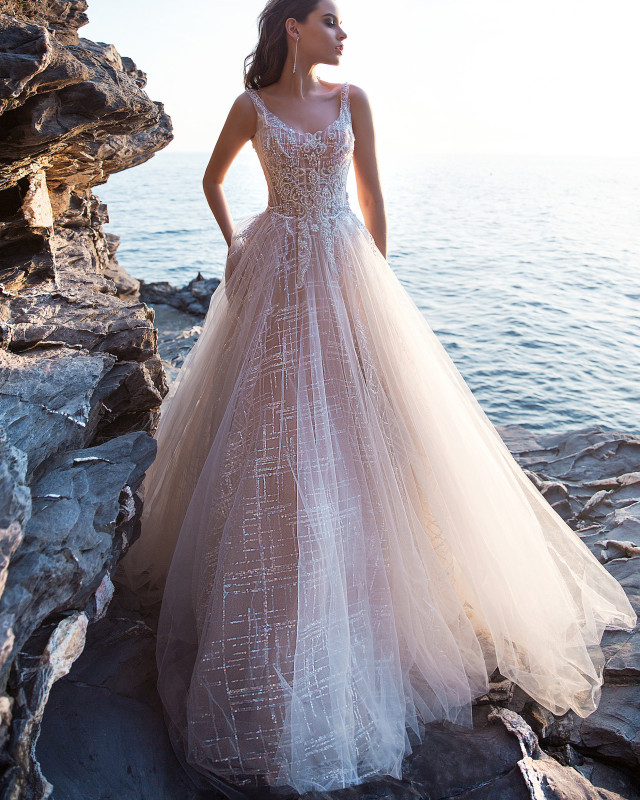 Light Champagne Tulle Long Train Bridal Gown
