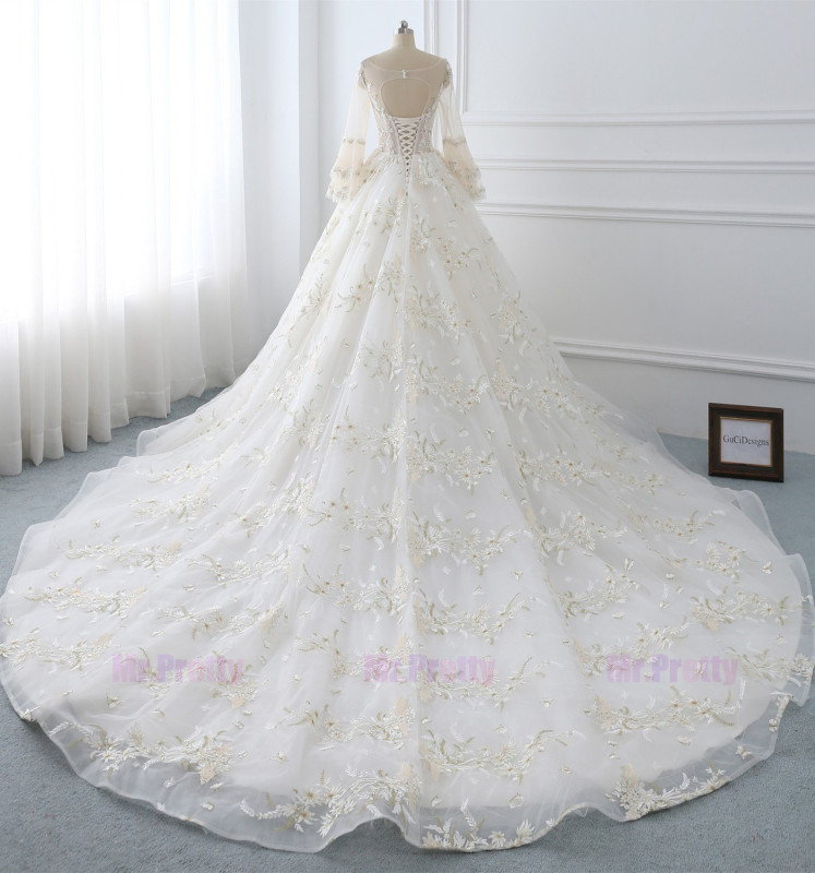 Ivory Lace Long Sleeve Long Train  Wedding Gown
