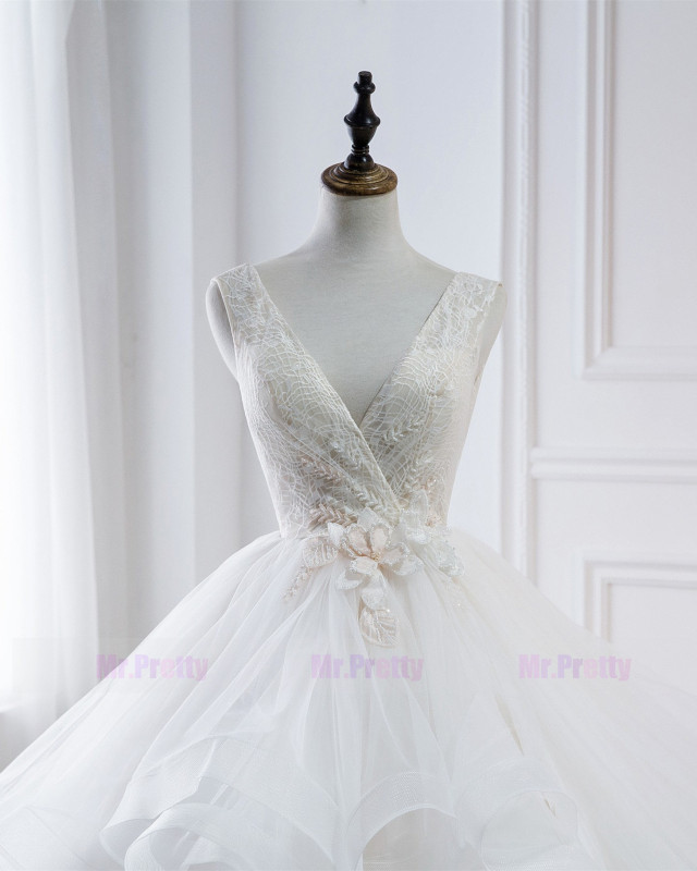 Ivory Lace Beaded Long Train  Wedding Gown