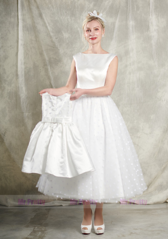 Ivory Satin Tulle Short Mother and Kids Party Dress