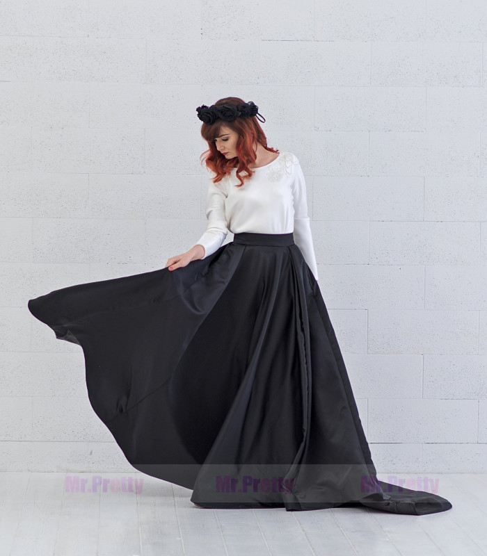 Black Satin Short Train Wedding Skirt