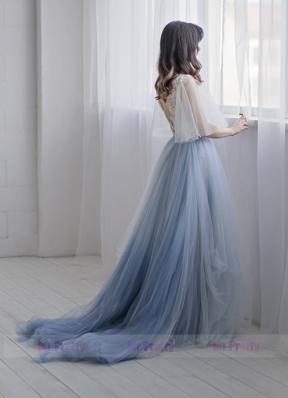 Dusty Blue Tulle Wedding Skirt 2 pieces Party Dress