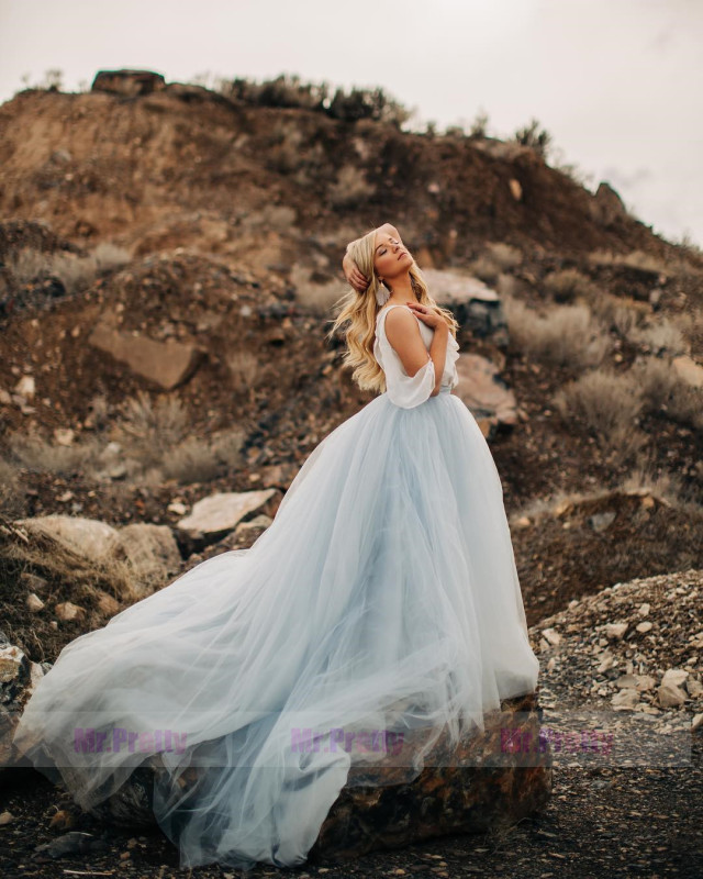 Grey Blue Tulle  Long Train Skirt Bridal Gown