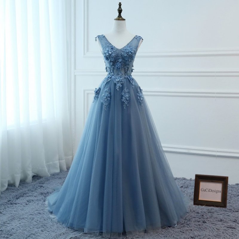 Grey Blue Lace Tulle Flowers Prom Dress Bridesmaid Dress Sexy Prom Dress