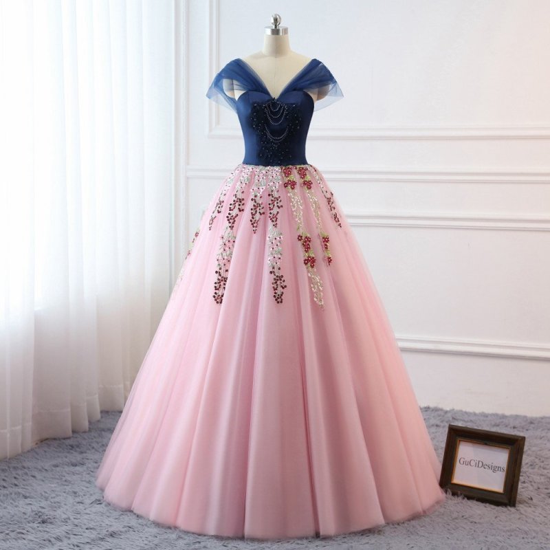 Navy Blue Lace Pink Prom Dress Bridesmaid Dress Sexy Prom Dress